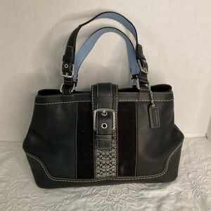 Coach Hampton stripe black blue leather tote